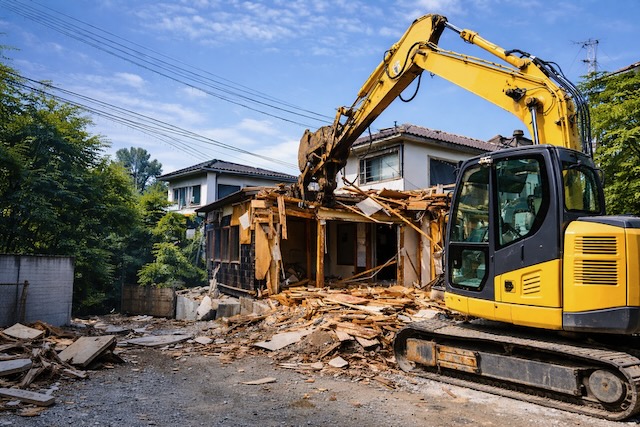 ひたちなか市で木造住宅を解体する重機作業の現場風景
