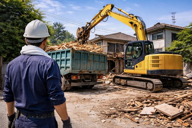 ひたちなか市で解体工事中の木造住宅と重機・搬出作業の様子