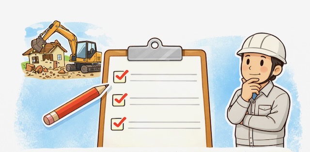 ひたちなか市で解体業者を検討する際の判断ポイントをイメージしたイラスト