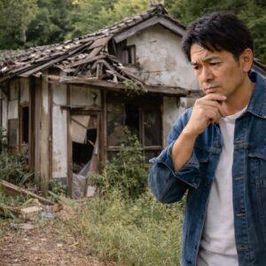 老朽化した空き家の前で解体すべきか悩む男性の様子