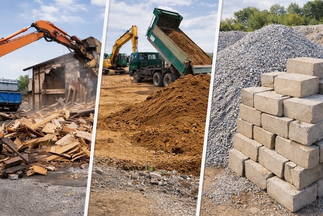 茨城での解体工事、残土処分、土砂運搬と建材施工の現場イメージ