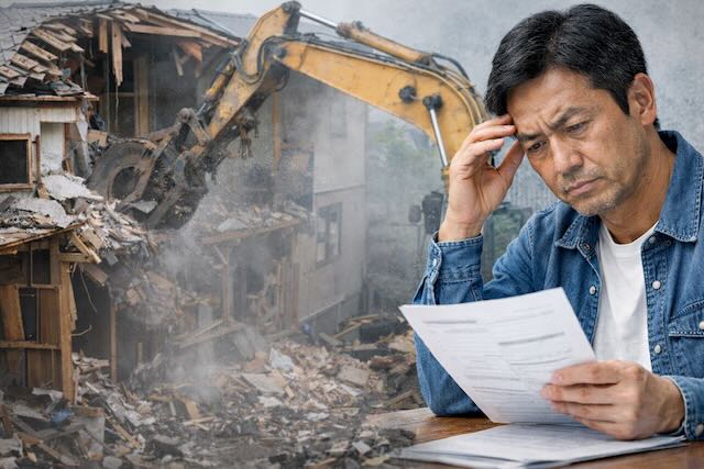 解体工事の見積書を見て不安そうな男性と、背後で住宅を解体する重機の様子
