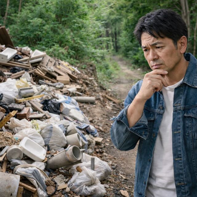 山林に放置された解体廃材と残土を前に、不安そうに考える男性の様子