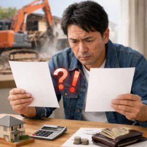 解体費用の見積もりを比較しながら悩む男性と、背後で住宅解体が行われている様子