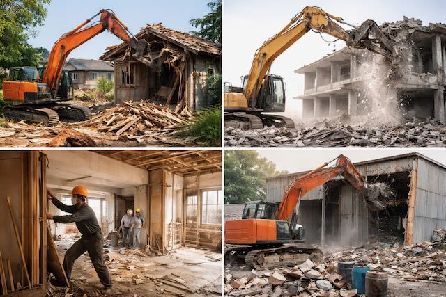 木造住宅解体、RC建物解体、内装解体、工場解体の様子をまとめたイメージ写真