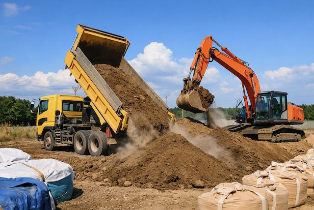 茨城県で残土をダンプトラックで運搬・処分している工事現場の様子