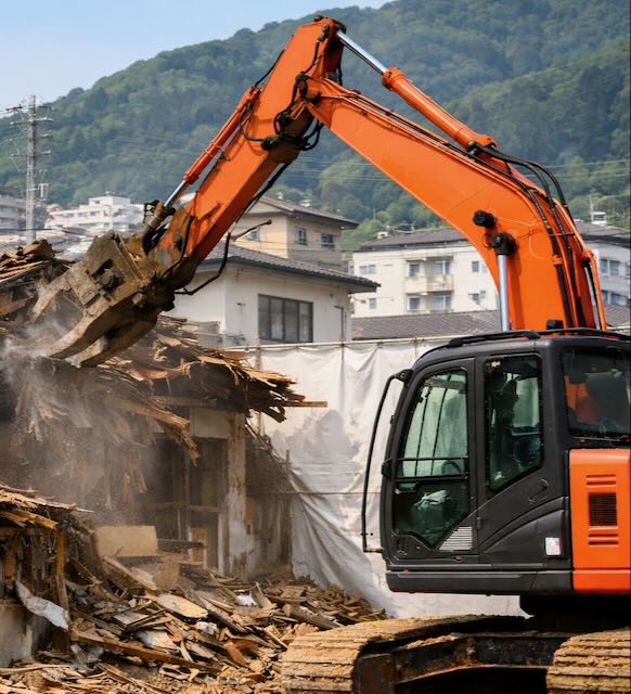 日立市の住宅解体現場で重機が建物を取り壊している作業風景