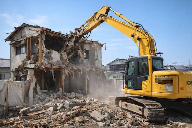茨城県で行われる木造住宅の解体工事と重機による作業風景