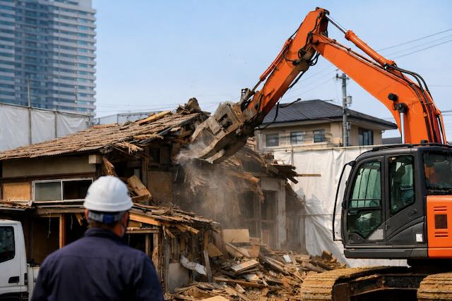 水戸市で木造住宅の解体工事を行う重機と作業現場の様子