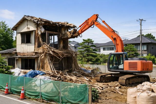 ひたちなか市で住宅の解体工事を行う重機と建物の解体現場の様子