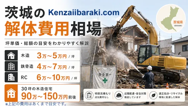 茨城県で解体工事を検討する方向けに、木造住宅・鉄骨造・RC造の坪単価と30坪住宅の解体費用相場をまとめた画像。
