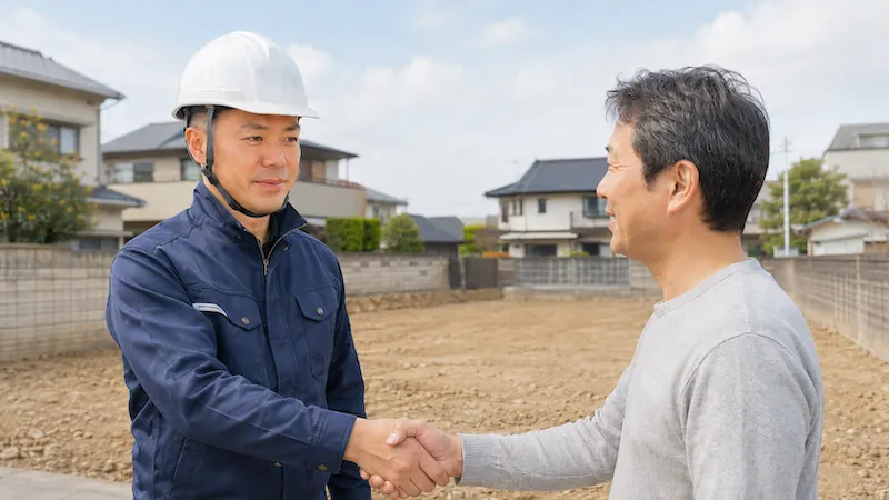ひたちなか市で解体工事の現地確認を行う鈴木建材の鈴木社長と依頼者