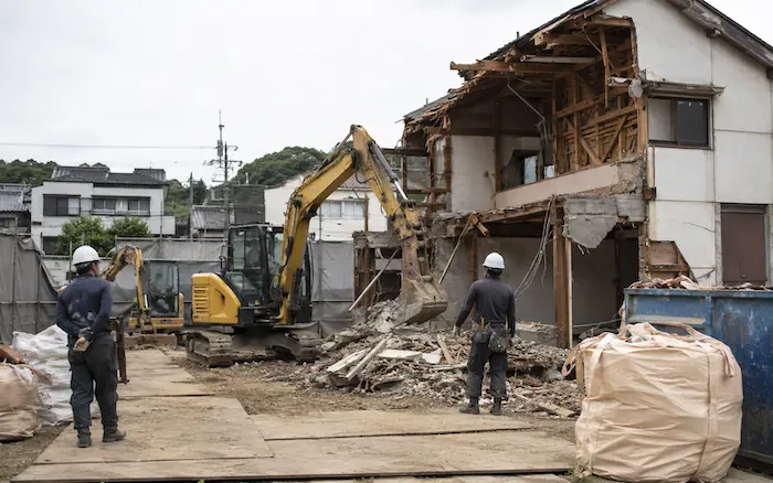 北茨城市で住宅や倉庫などの建物解体工事を行っている現場の様子