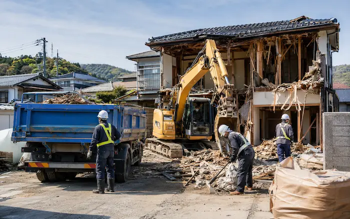 北茨城市の解体現場で重機とダンプを使い廃材を運搬している様子