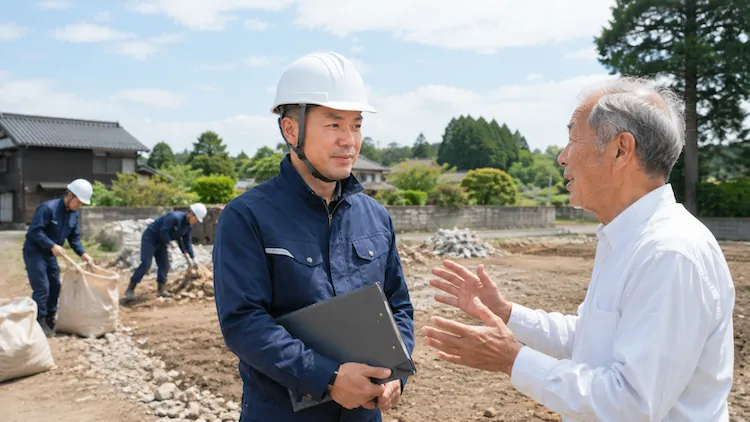 北茨城市で空き家解体の現地確認を行う鈴木建材の社長と施主
