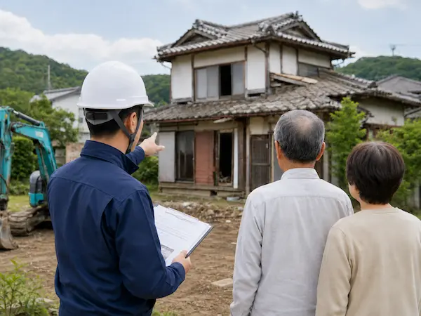 北茨城市で空き家解体の現地確認と解体手順の説明を行う鈴木建材の社長と施主