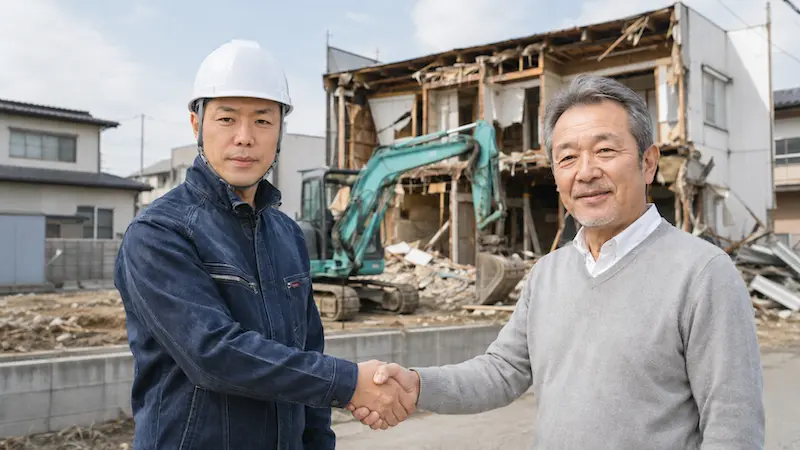 高萩市の店舗解体現場で鈴木建材の社長と施主が握手している様子
