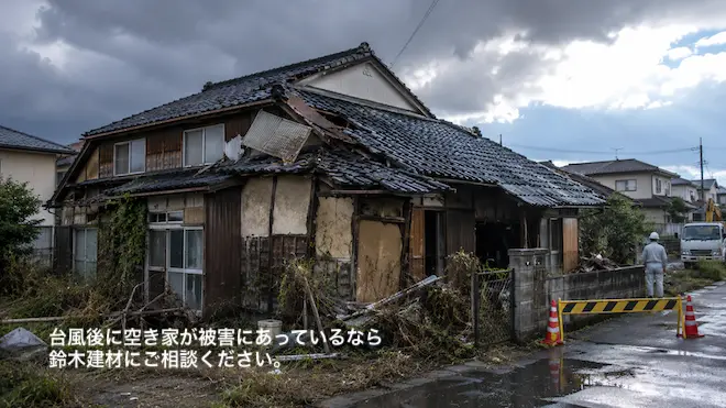 高萩市・日立市・ひたちなか市周辺で台風被害により屋根や外壁が傷んだ空き家の解体を検討する様子